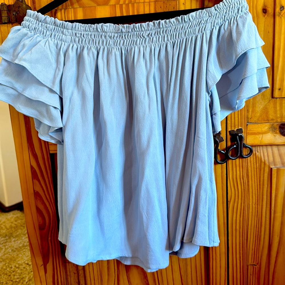 Dusty blue off the shoulder blouse